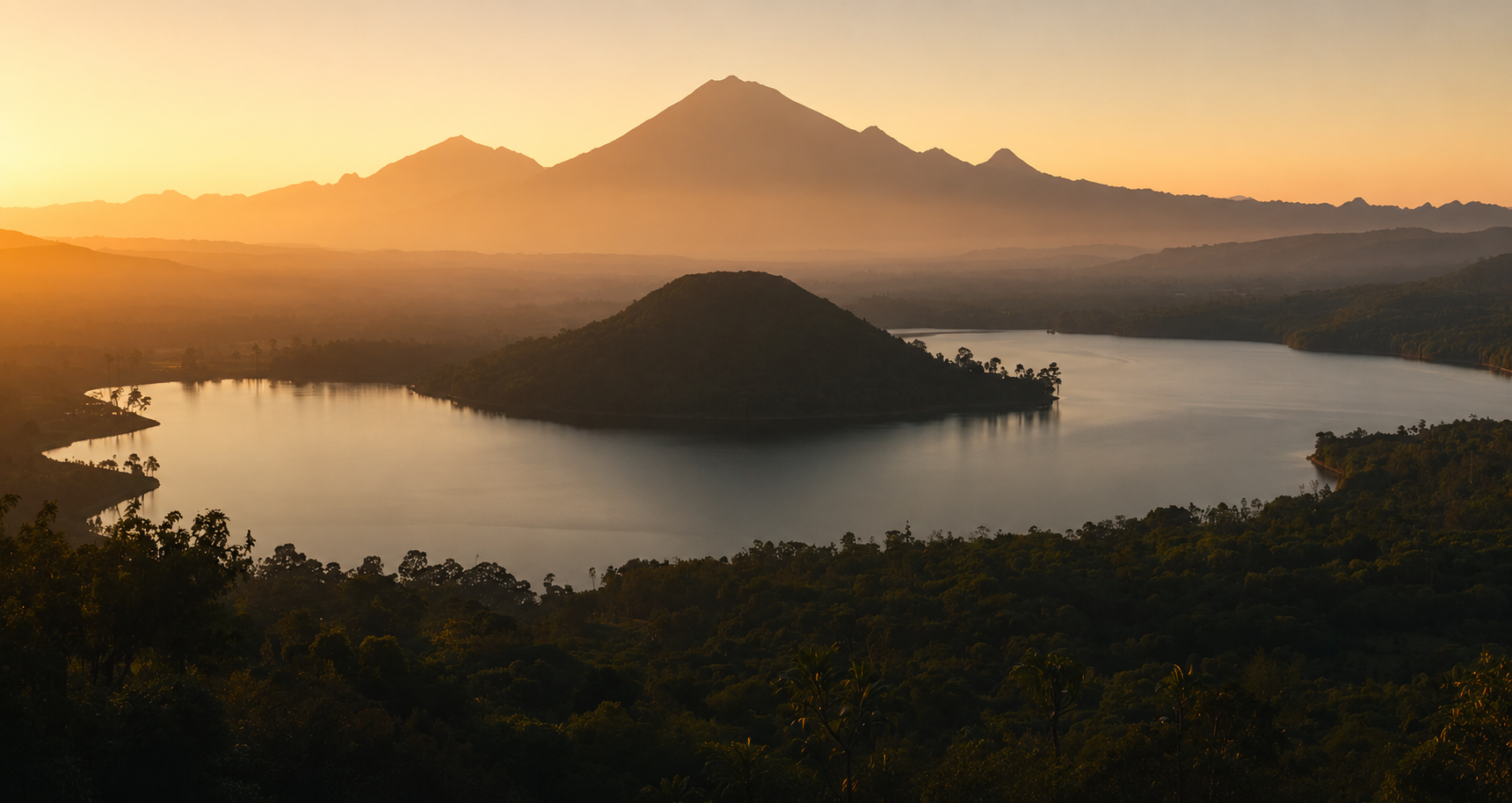 Lake Ruhondo and volcanoes at golden hour